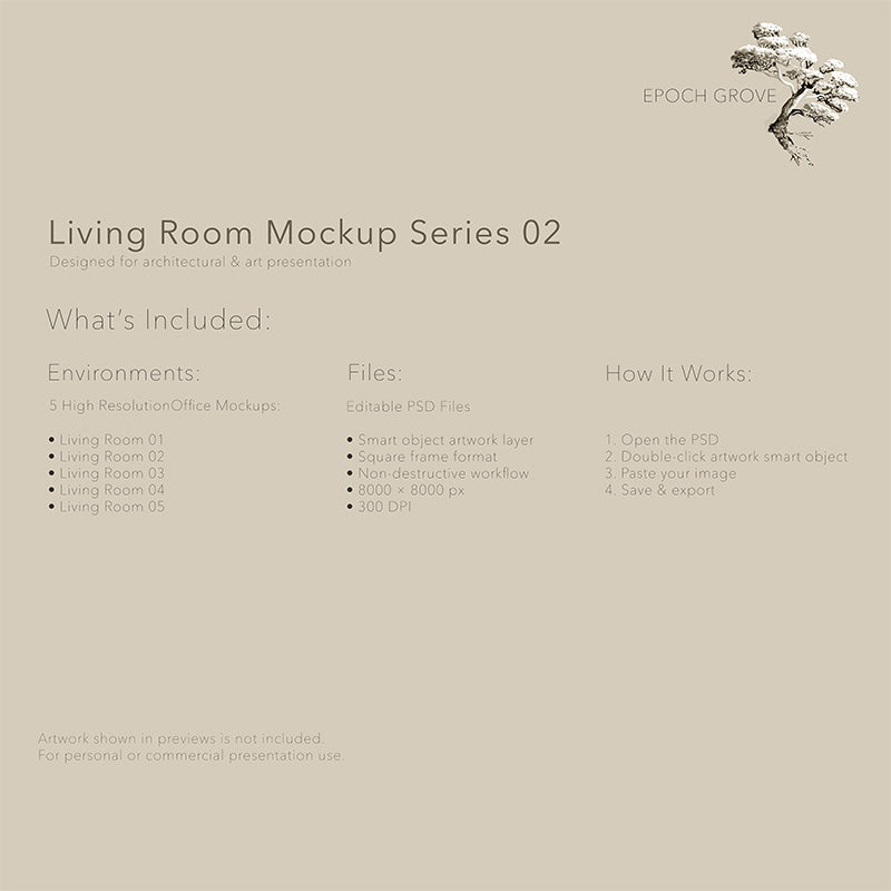 Living Room Mockup Series 02 details page outlining included environments, editable PSD files, and presentation workflow