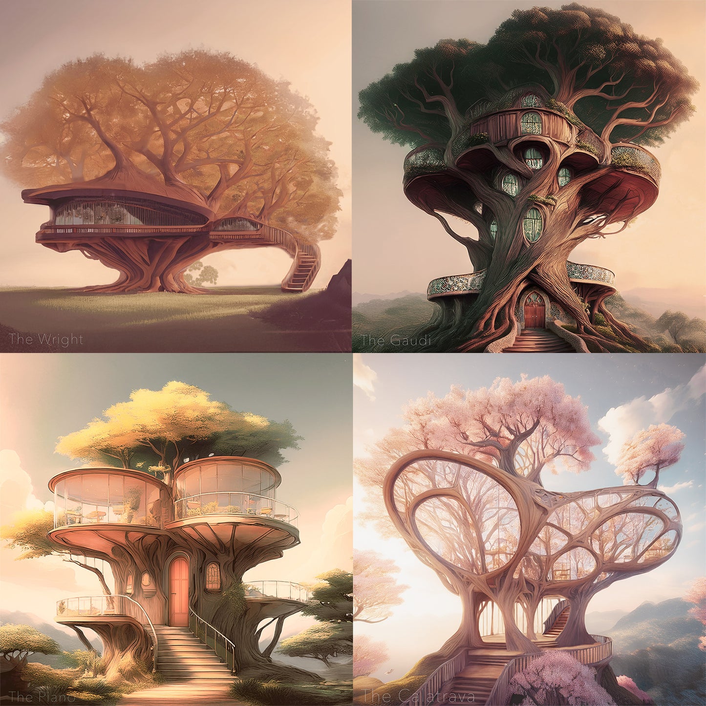 Architect’s Grove — Volume I collection showing four architectural treehouse artworks inspired by Wright, Gaudí, Piano, and Calatrava.