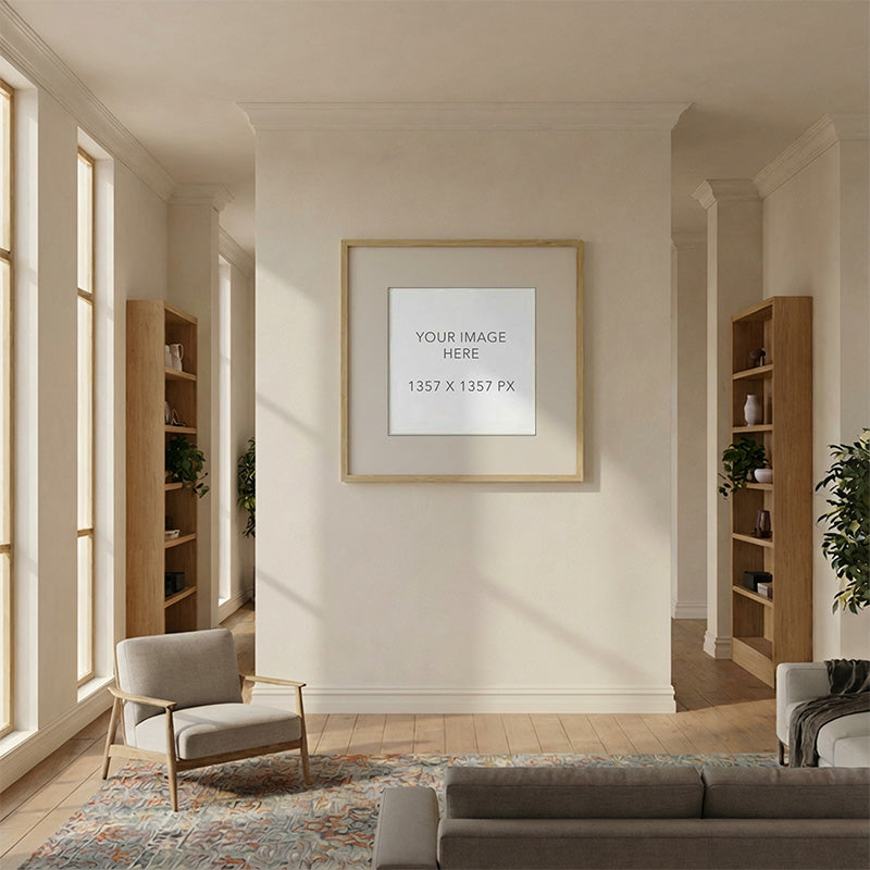 Spacious modern living room mockup with clean geometry, natural materials, and square placeholder art presentation frame