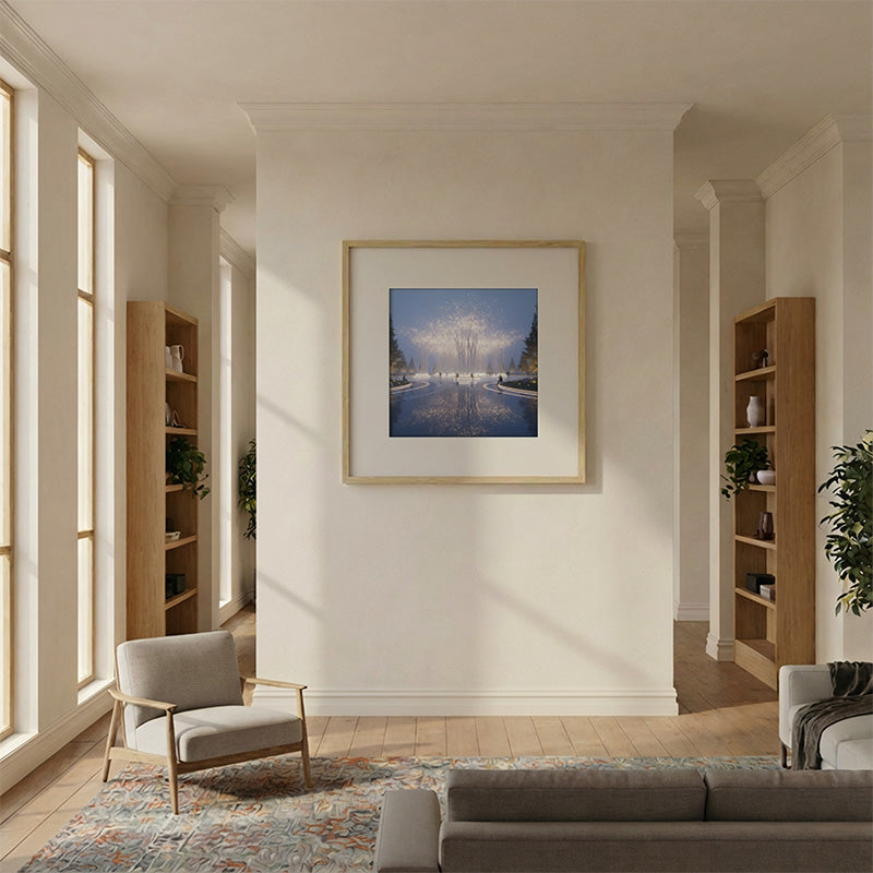 Spacious modern living room mockup with clean geometry, natural materials, and square art presentation frame