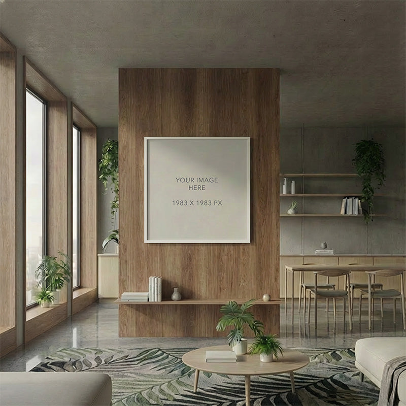 Minimal living room presentation scene with soft daylight, architectural shelving, and editable framed placeholder artwork