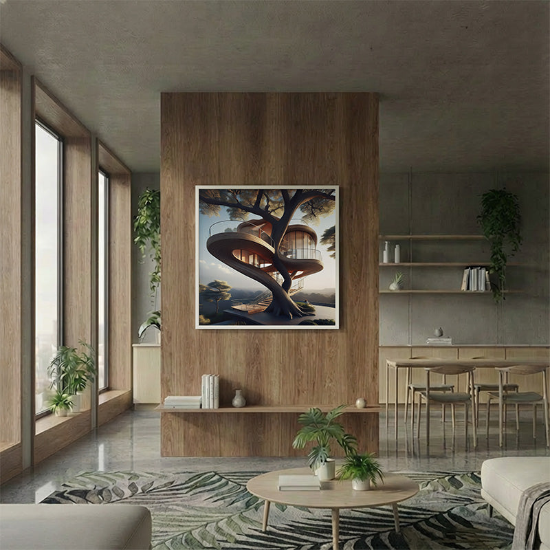 Minimal living room presentation scene with soft daylight, architectural shelving, and editable framed artwork