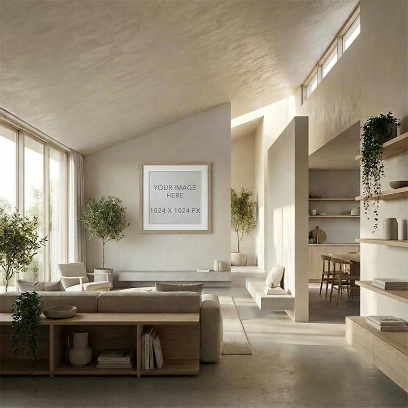 Contemporary living room interior mockup with neutral tones, indoor plants, and framed placeholder art wall display