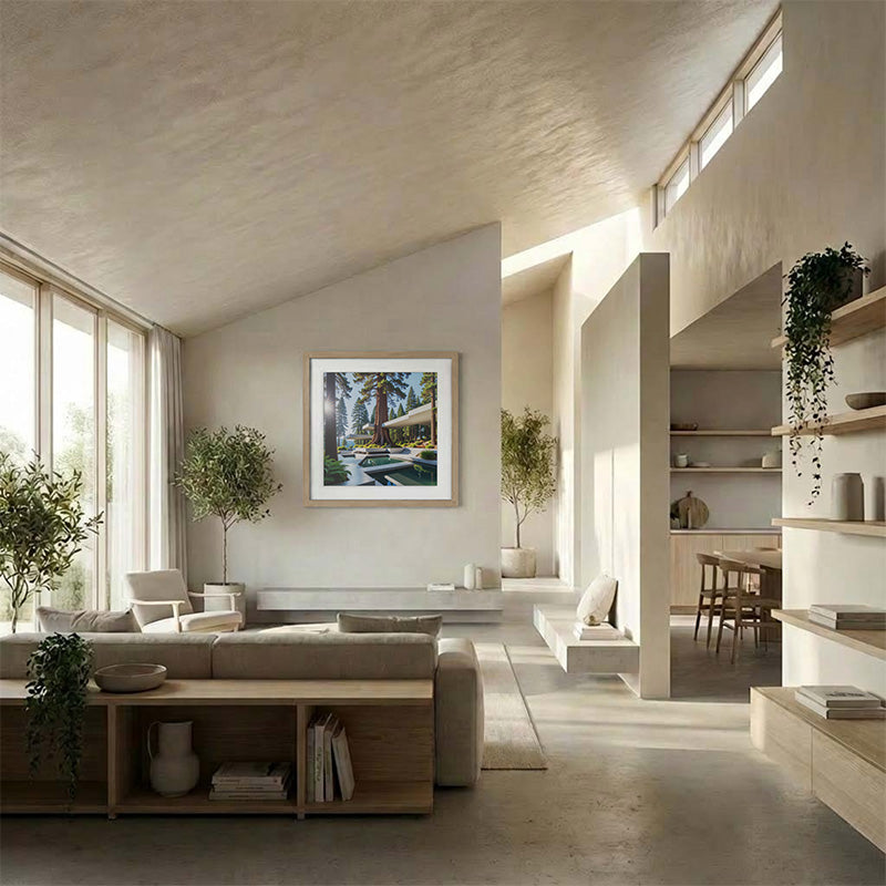 Contemporary living room interior mockup with neutral tones, indoor plants, and framed art wall display