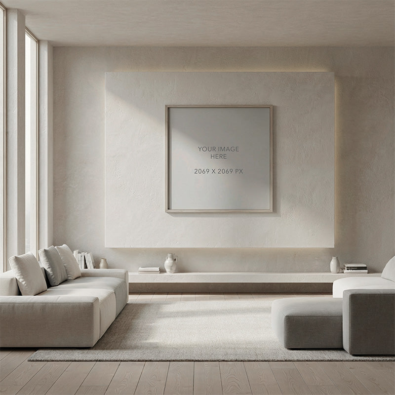 Modern living room mockup with wood accents, open-plan layout, and square placeholder artwork in a frame for portfolio presentation