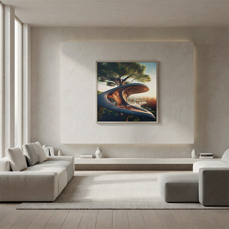 Modern living room mockup with wood accents, open-plan layout, and square artwork frame for portfolio presentation