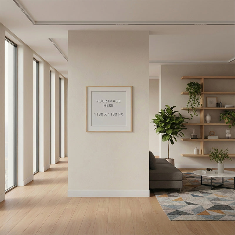 Living room presentation mockup with framed placeholder artwork, warm natural light, and minimalist architectural interior