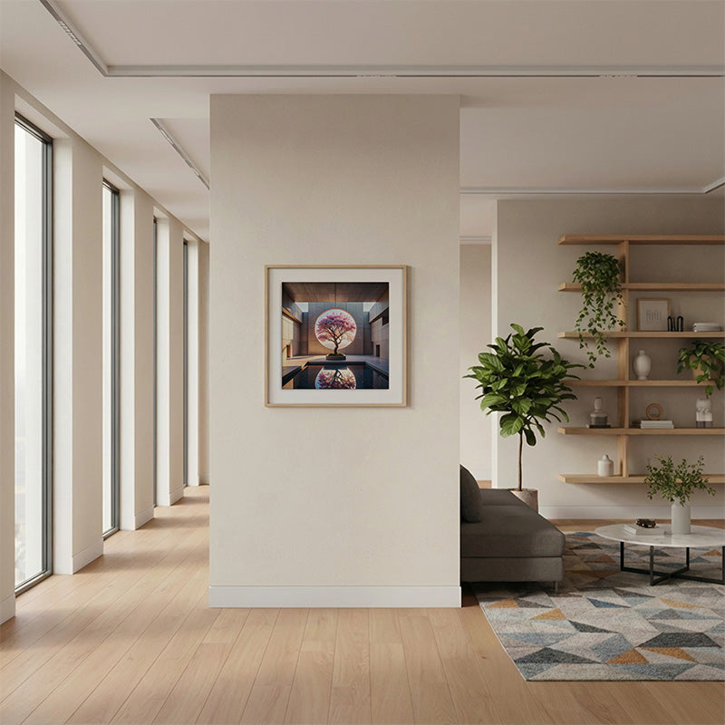 Living room presentation mockup with framed artwork, warm natural light, and minimalist architectural interior