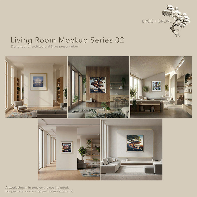Living Room Mockup Series 02 overview showing five modern living room presentation scenes for architectural and art portfolios
