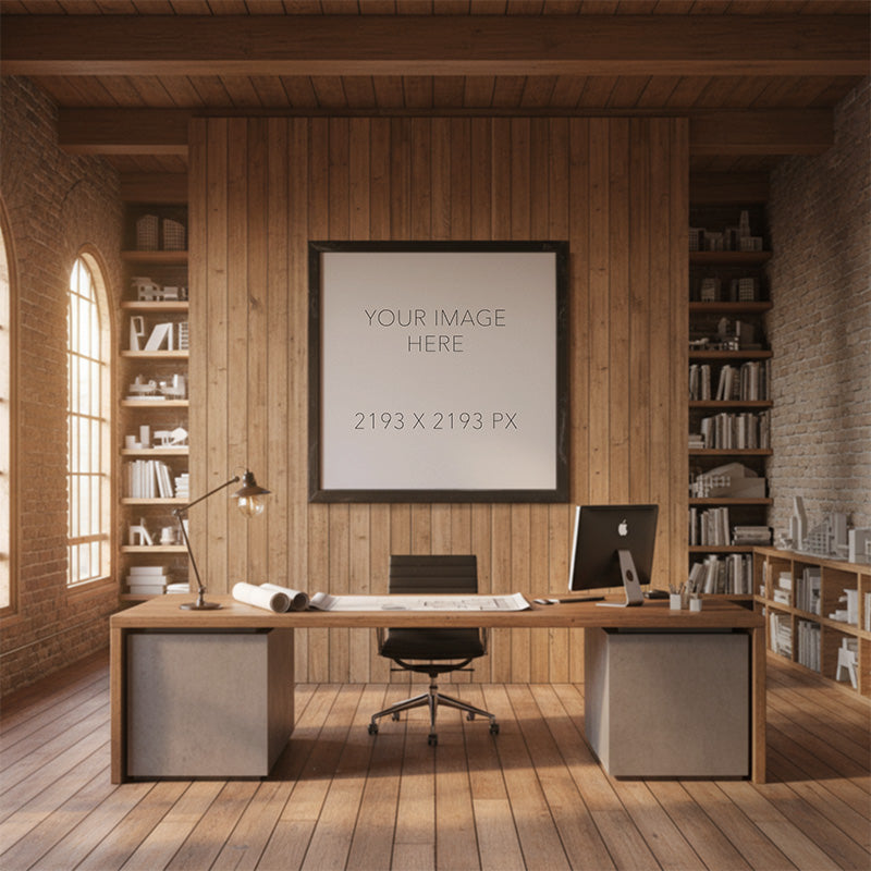Modern office interior presentation scene with placeholder artwork in a brick studio environment and natural light