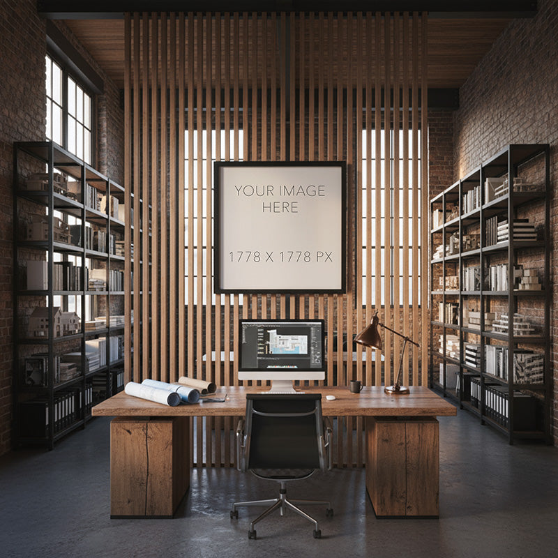 Architectural office presentation scene with placeholder artwork on a wood slat wall, designed for professional portfolio and product display