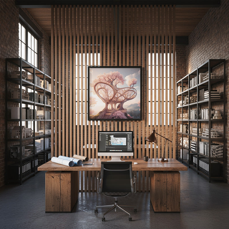 Architectural office presentation scene with framed artwork on a wood slat wall, designed for professional portfolio and product display
