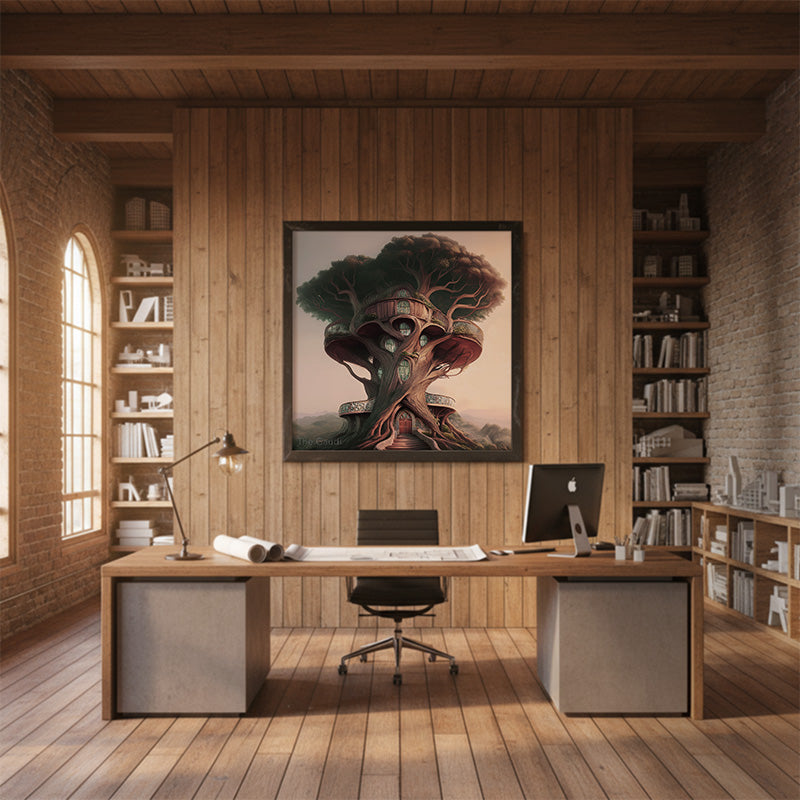 Modern office interior presentation scene with framed artwork in a brick studio environment and natural light