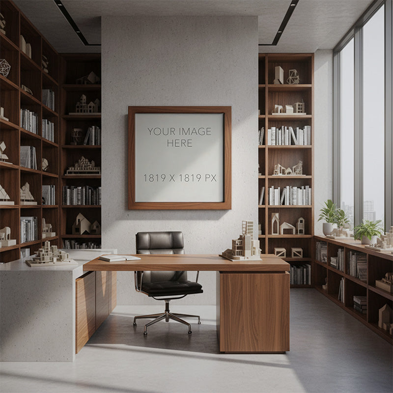 Minimal concrete office presentation scene with a placeholder artwork frame and realistic architectural lighting