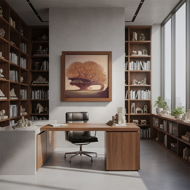 Minimal concrete office presentation scene with framed artwork and realistic architectural lighting