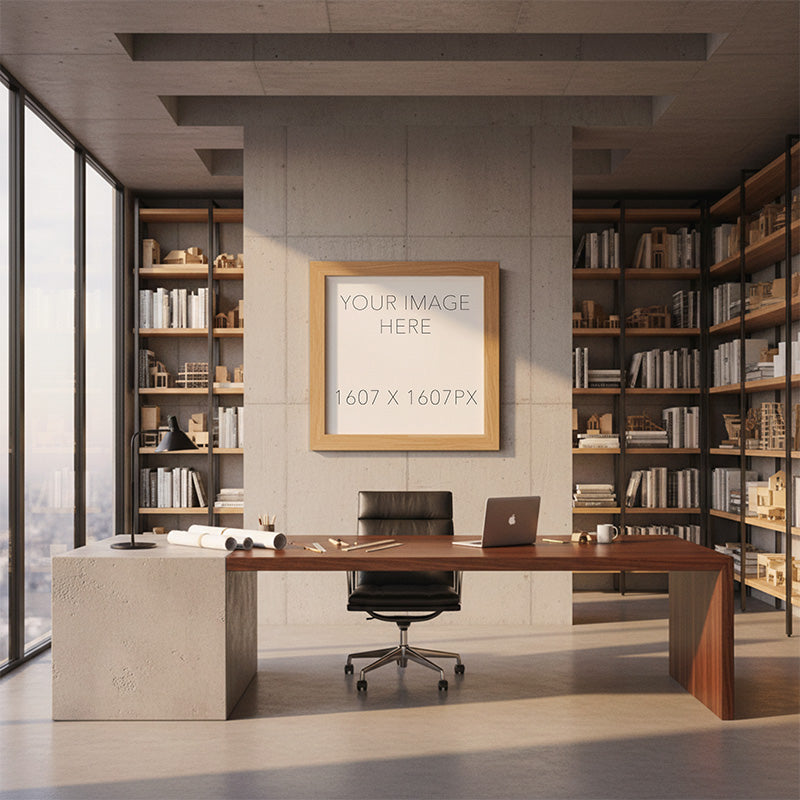 Contemporary concrete office presentation scene with a placeholder artwork in a frame for displaying large-format artwork in a neutral workspace