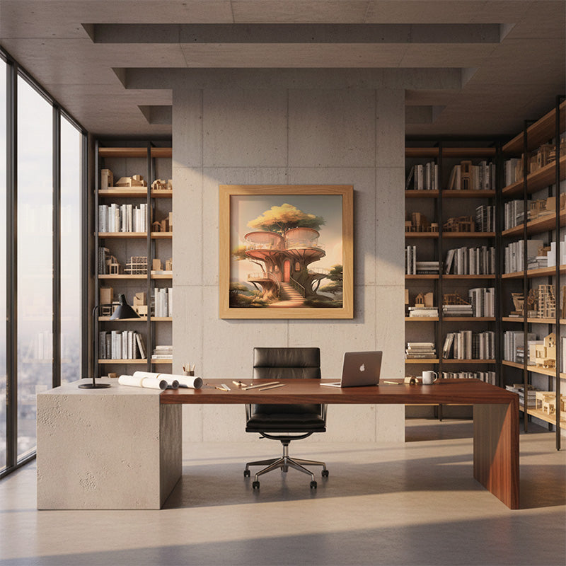 Contemporary concrete office presentation scene designed for displaying large-format artwork in a neutral workspace