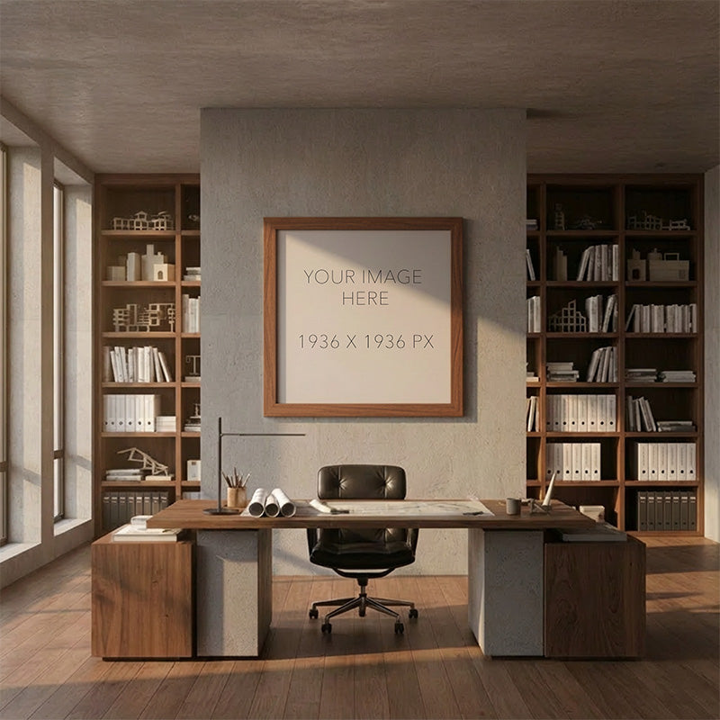 Architectural office presentation scene with placeholder artwork frame in a concrete studio interior and clean, neutral lighting