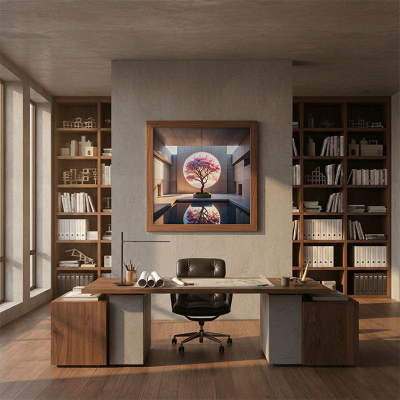 Architectural office presentation scene with framed artwork in a concrete studio interior and clean, neutral lighting