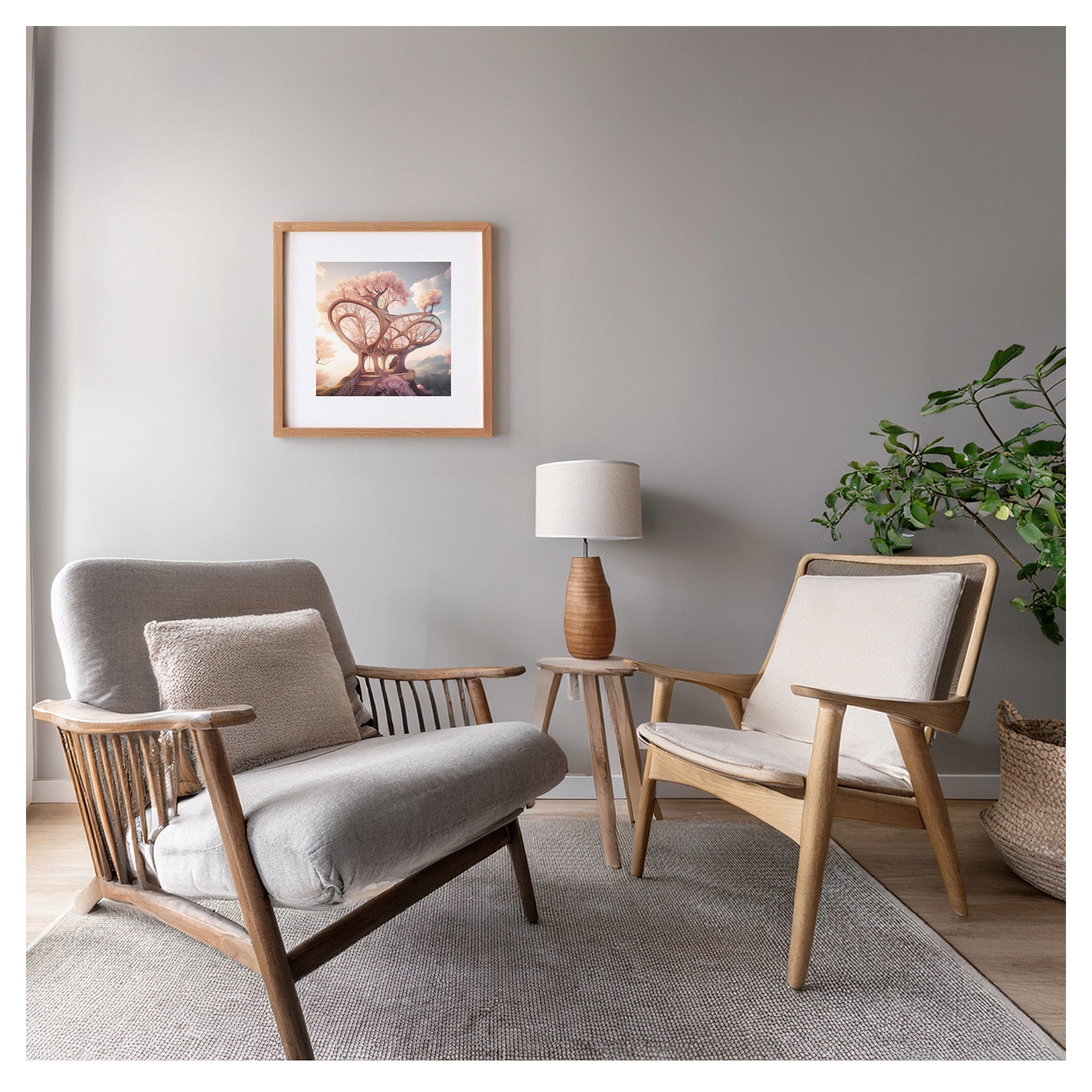 The Calatrava framed fine-art print displayed in a modern living room with warm neutral palette and clean architectural lines.