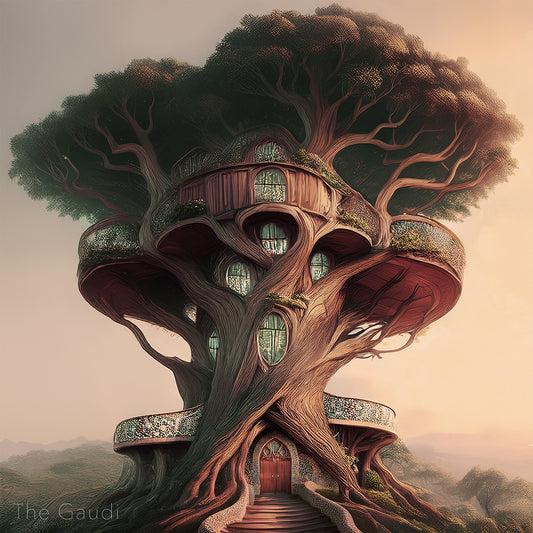 The Gaudí — architectural treehouse art print inspired by Antoni Gaudí’s organic forms and flowing structural design.