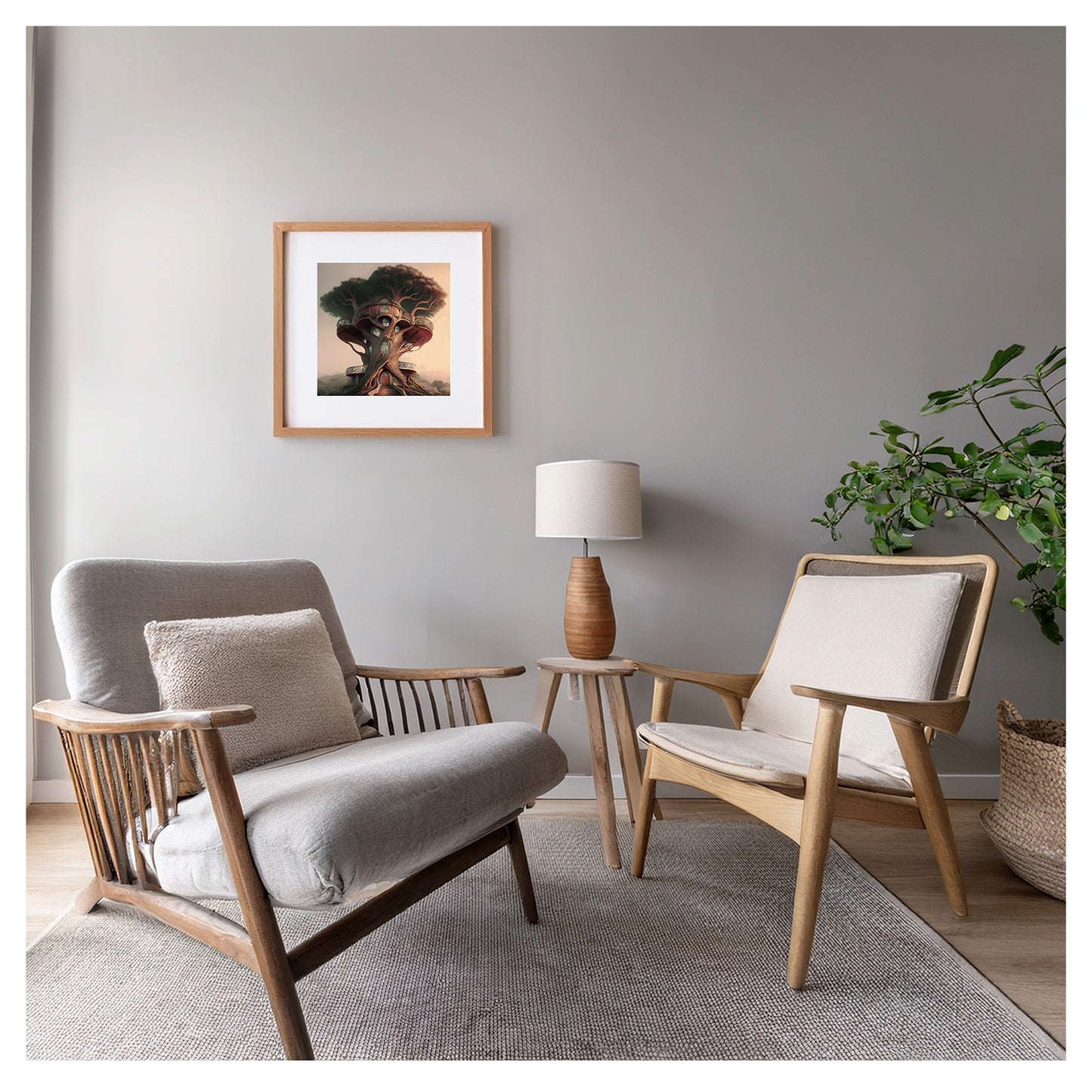 The Gaudí framed fine-art print displayed in a modern living room with warm neutral palette and mid-century accents.