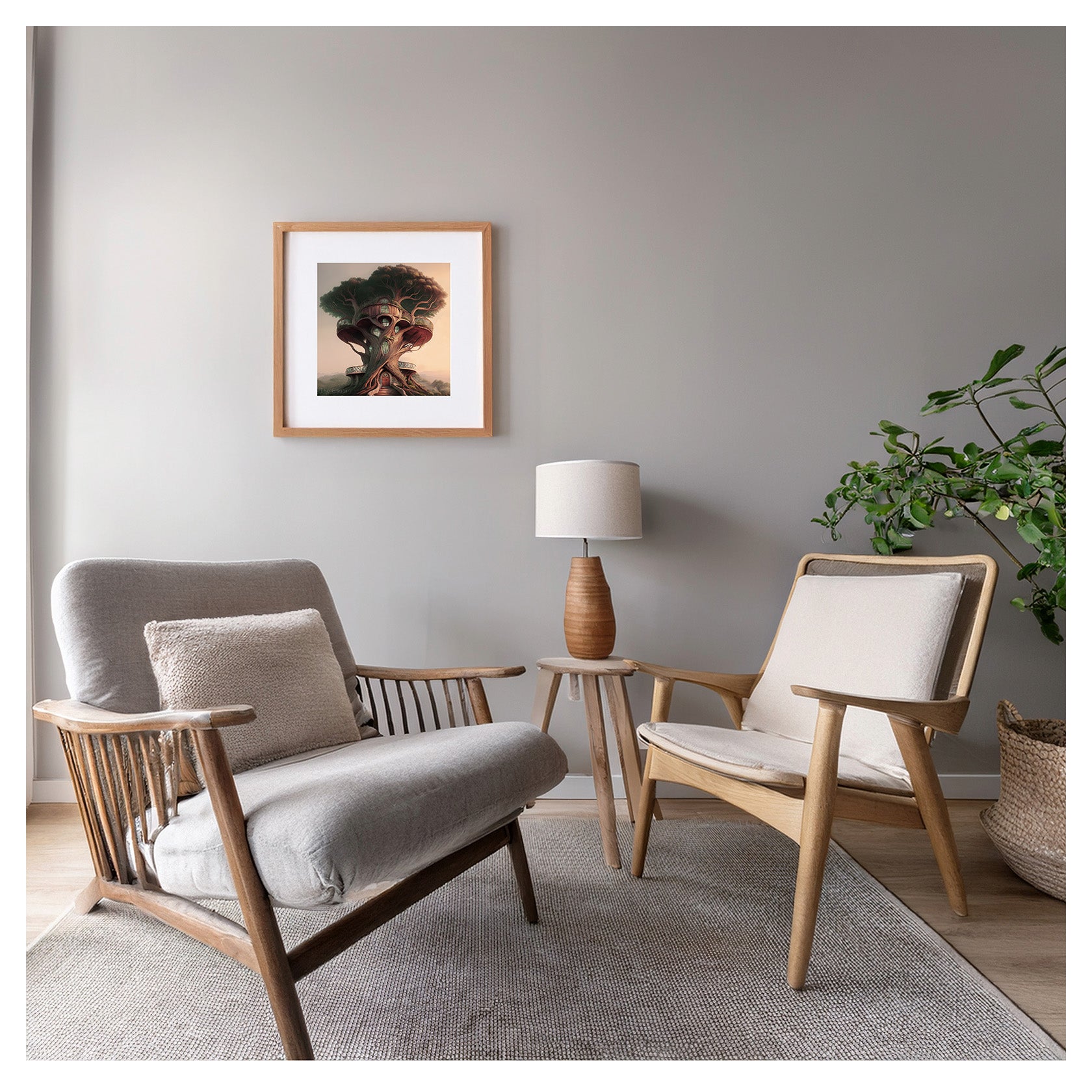 The Gaudí framed fine-art print displayed in a modern living room with warm neutral palette and mid-century accents.