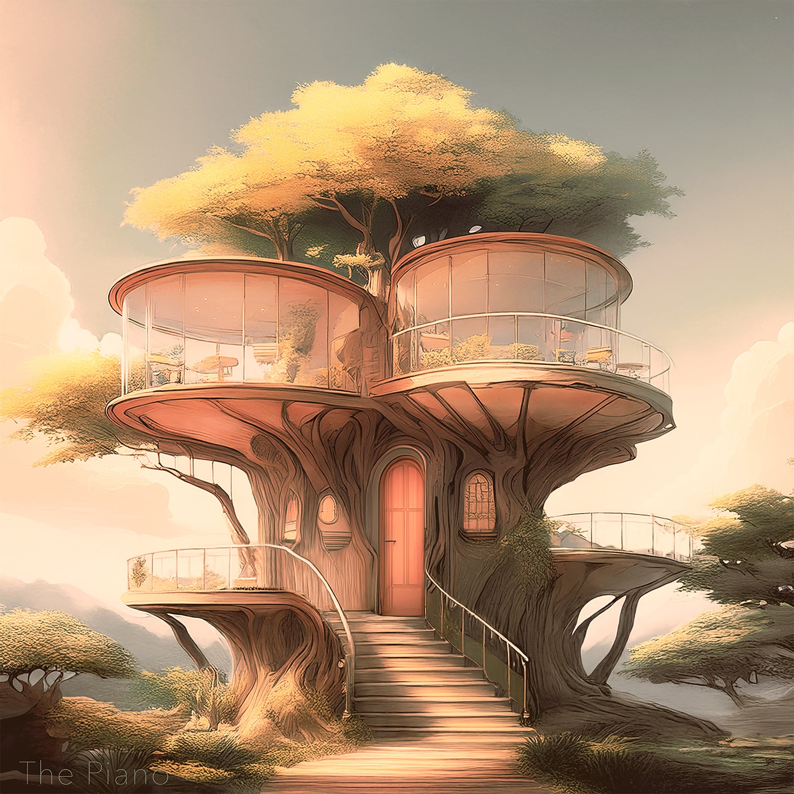 The Piano — architectural treehouse art print inspired by Renzo Piano’s light, transparency, and structural rhythm.