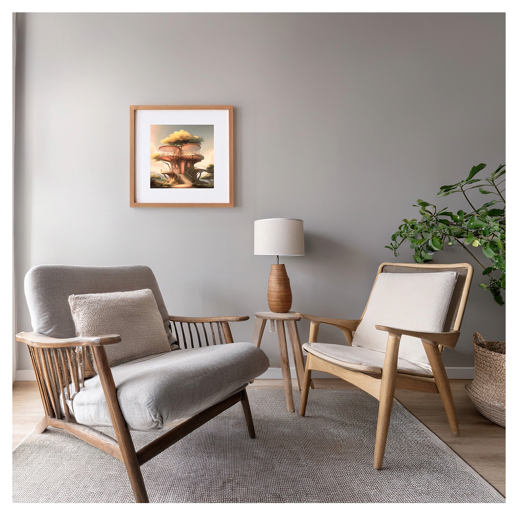 The Piano framed fine-art print displayed in a modern living room with warm neutral tones and mid-century furniture.
