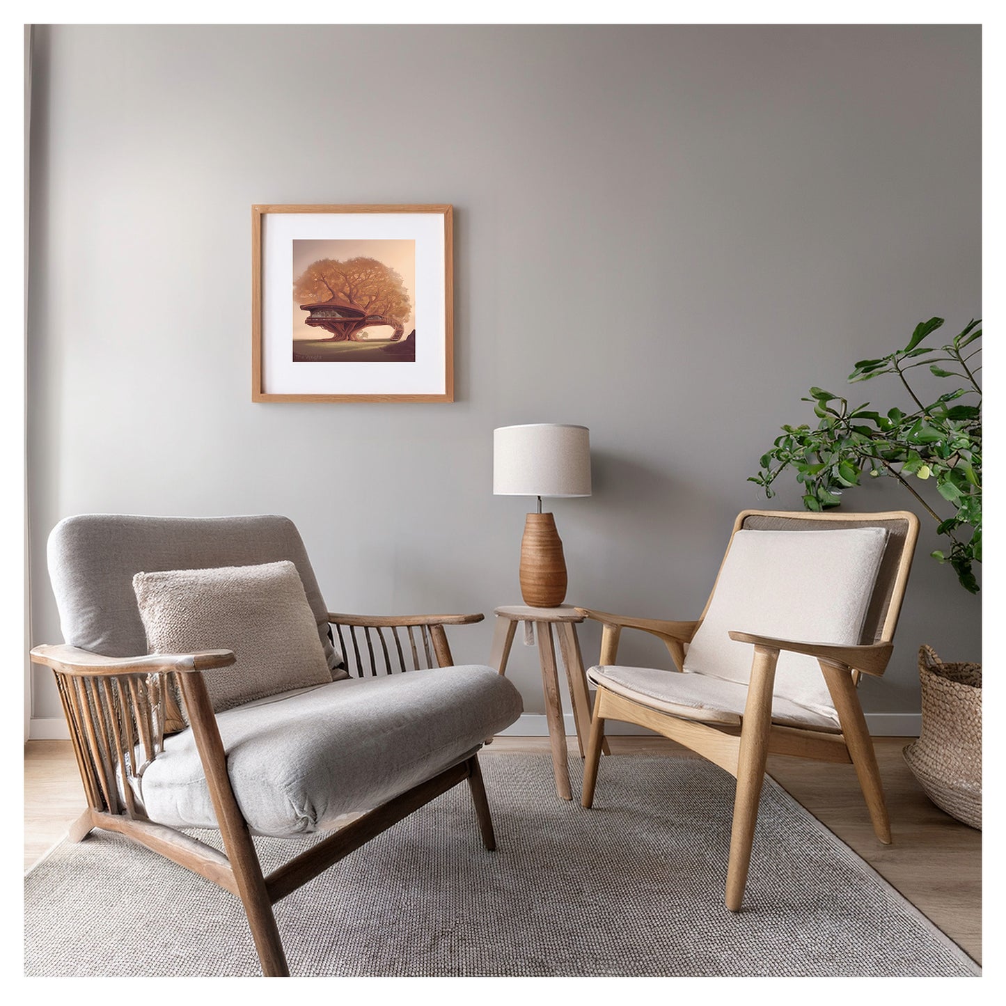 The Wright framed fine-art print displayed in a modern living room with mid-century modern furniture and warm neutral tones.