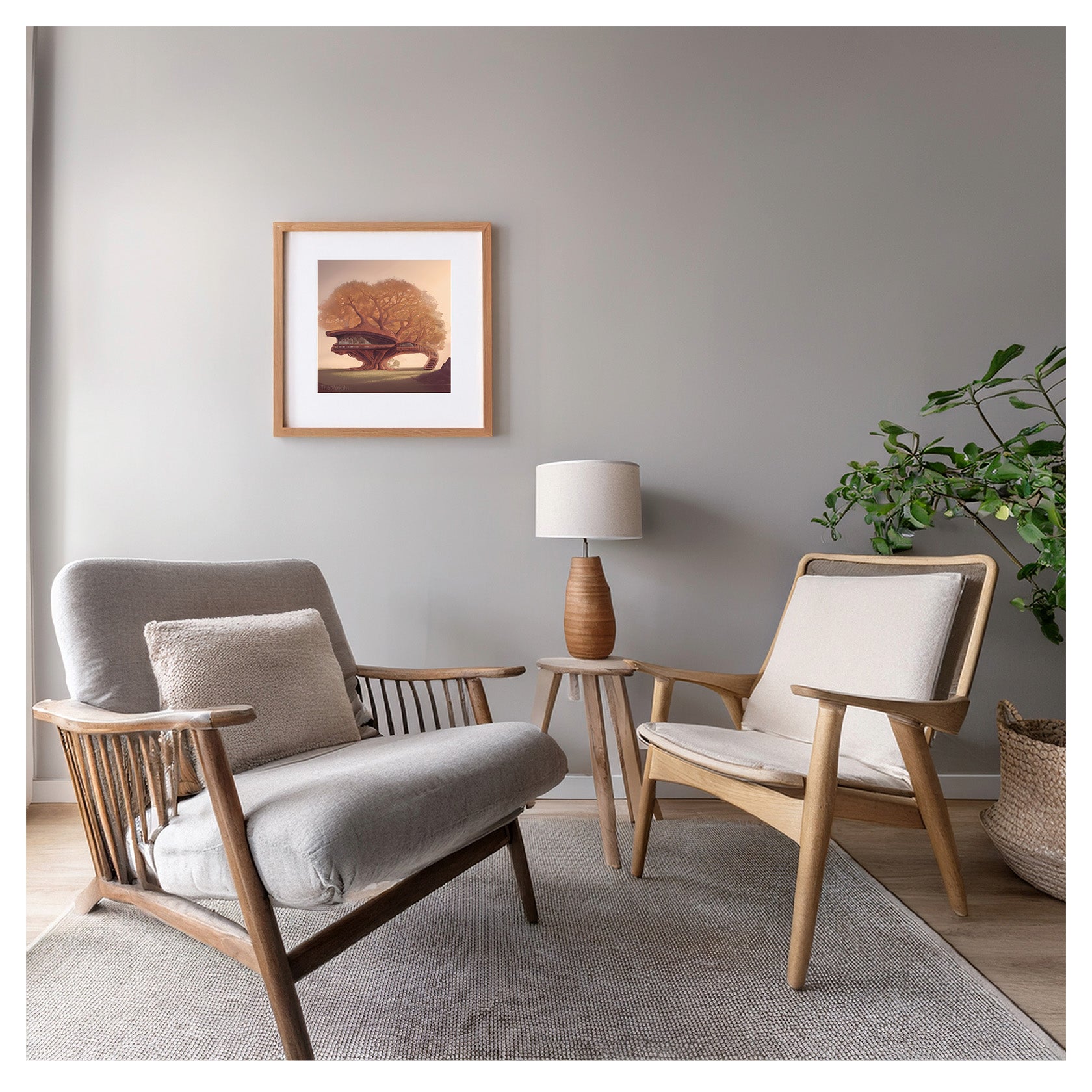 The Wright framed fine-art print displayed in a modern living room with mid-century modern furniture and warm neutral tones.