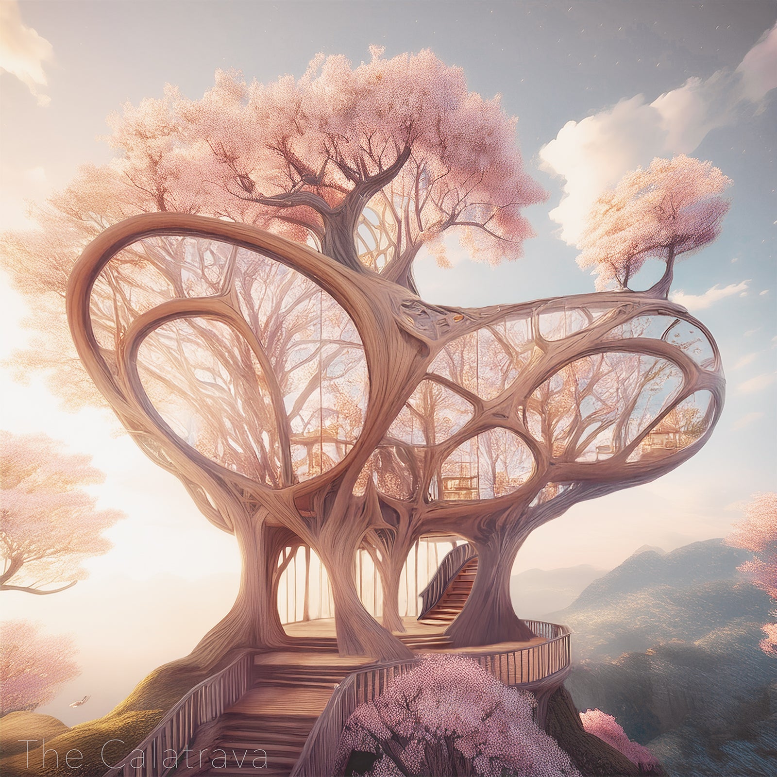 The Calatrava — architectural treehouse art print inspired by Santiago Calatrava’s flowing structural forms and sculptural balance of movement